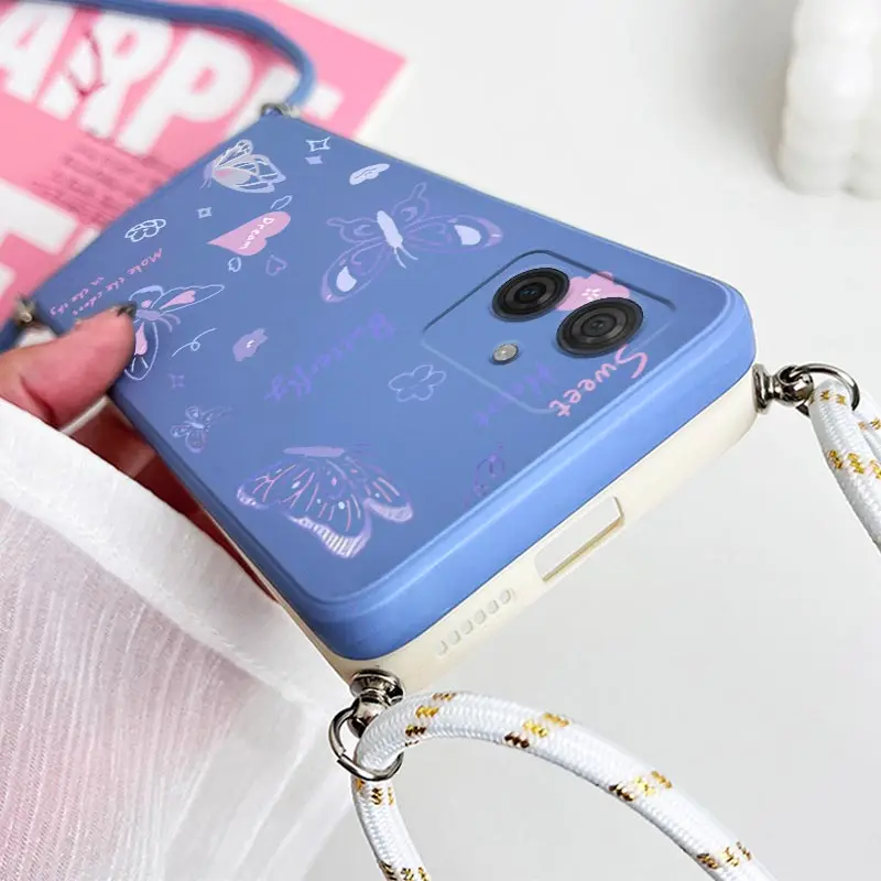 G 54 Purple Butterfly Lanyard Silicone Phone Case dla Motorola Moto G54 G50 G42 G52 G20 G84 G100 G53 G72 G34 G22 G24 G14 Cover — zdjęcie 4