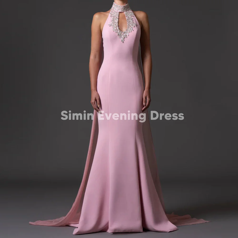 

Simin Women's Crepe Halter Beaded Mermaid Luxury Dubai Evening Dress Sleeveless With Train Floor-Length Elegant Dresses 2025
