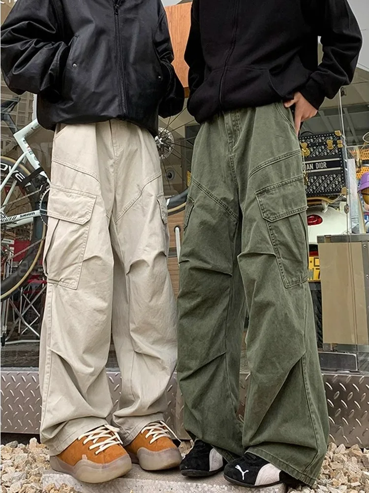 Retro American Folded Wide Leg Casual Pants Men's Trendy Brand High Street Loose Fit Sporty Long Trousers Workwear