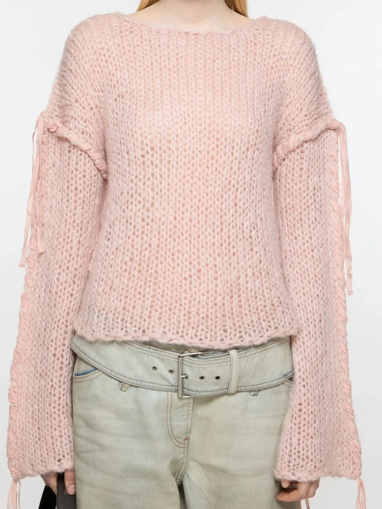 Sweet and gentle air drop shoulder seam hem lace-up loose all-match knitted long-sleeved sweater