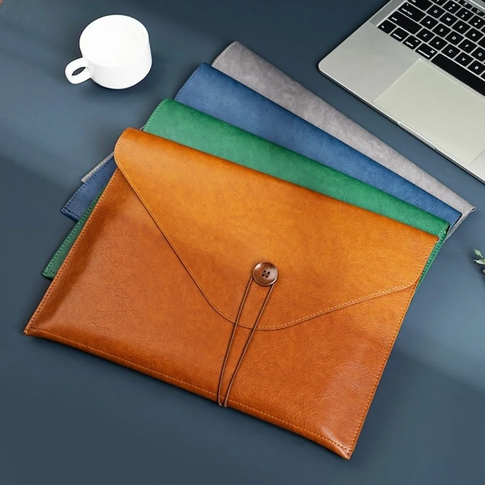 Bolsa retrô de couro PU para documentos A4, bolsa para laptop comercial com botão, pasta de arquivo portátil, armazenamento de escritório