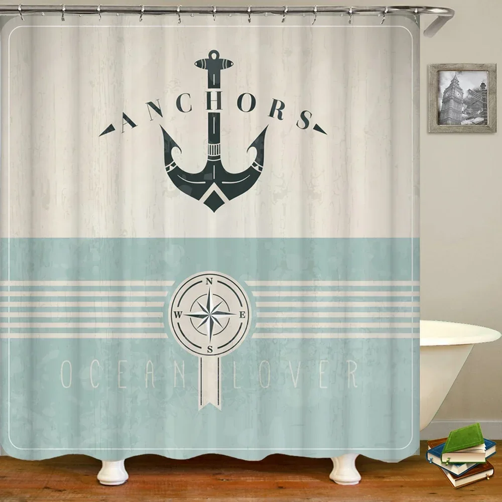 Nautical Shower Curtain Steamship Hooks Fishing Lure Rods Fisherman Bathroom Decoration Waterproof Polyester Cloth Curtains Set