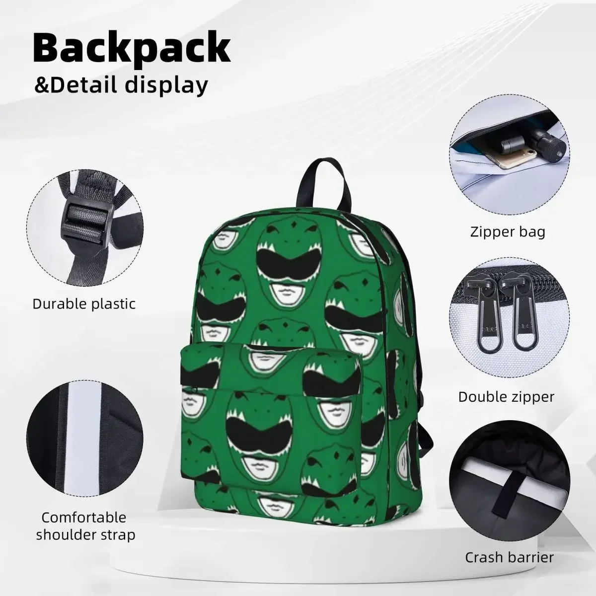 Green Ranger Pattern Backpack Waterproof Student School Bag Laptop Rucksack Travel Rucksack Large Capacity Bookbag