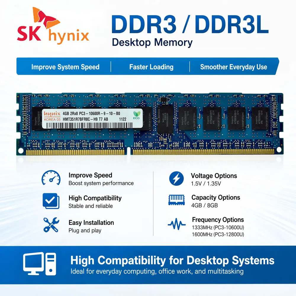 SK Hynix DDR3 DDR3L Memory PC Desktop RAM 4GB  8GB 2x4GB 16GB 2x8GB 1333 1600MHz DIMM PC3-10600 PC3-12800U Non-ECC For Intel&AMD