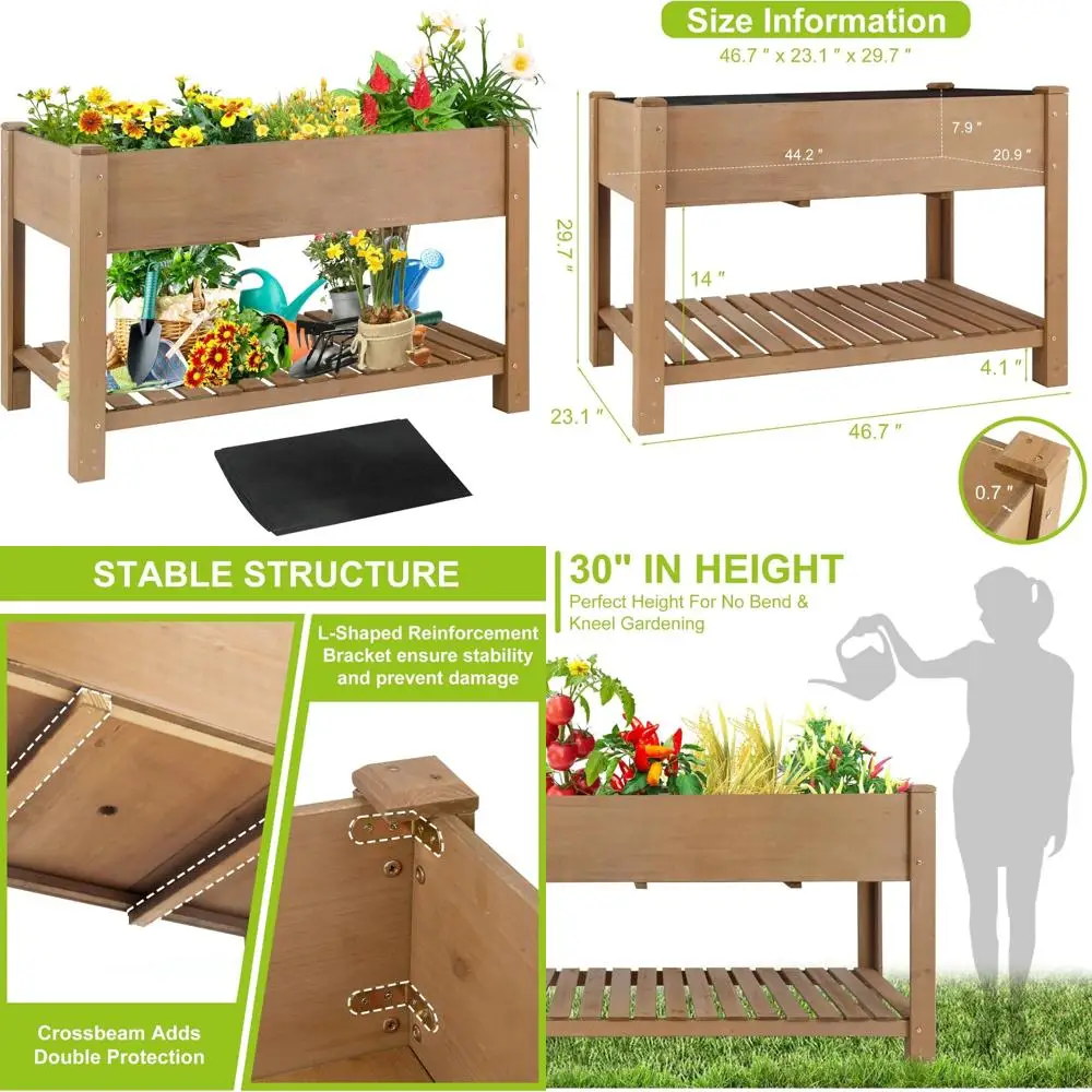 

Elevated Wooden Planter Box with Legs - Durable Fir Wood Raised Garden Bed, Reinforced Frame, Drainage Holes, Liner Included, Su