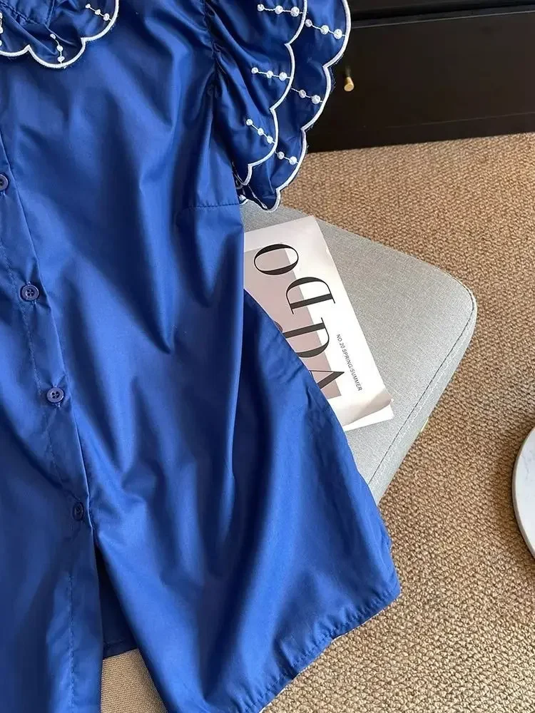 Azul voando manga camisa feminina verão novo vintage doce peter pan colarinho único breasted blusas topos 2025 verão novo