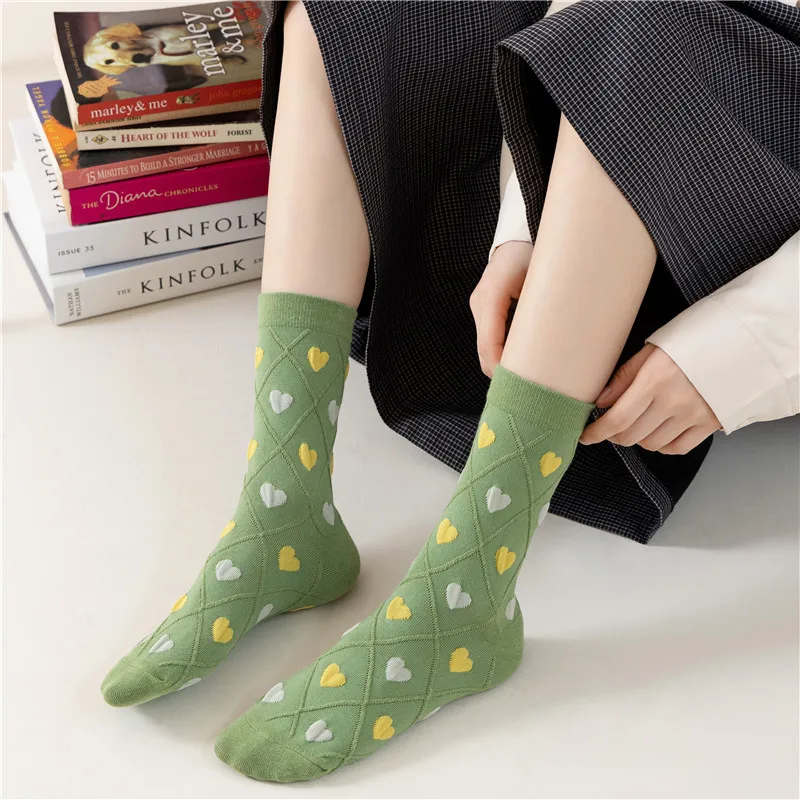 Women's Socks Spring and Autumn Sweet Loving Heart Diamond Lattice Flower Cotton Socks College Style Women's Mid Tube Stockings