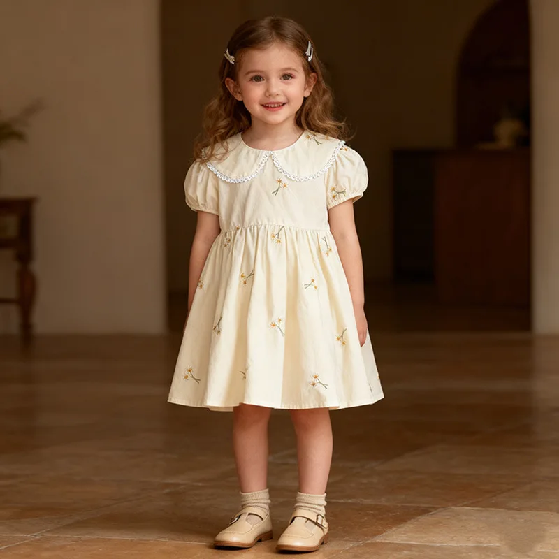 

2026 Summer Fresh Hot Selling New Doll Collar Floral Solid Color Soft Glutinous Waist Dress for Girls