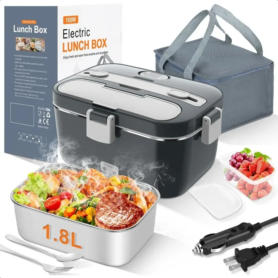 Calentador de alimentos eléctrico para lonchera: fiambrera calentada de 100 W para adultos, fiambrera portátil de calentamiento rápido de 1,8 L, calentador de alimentos para coche y camión