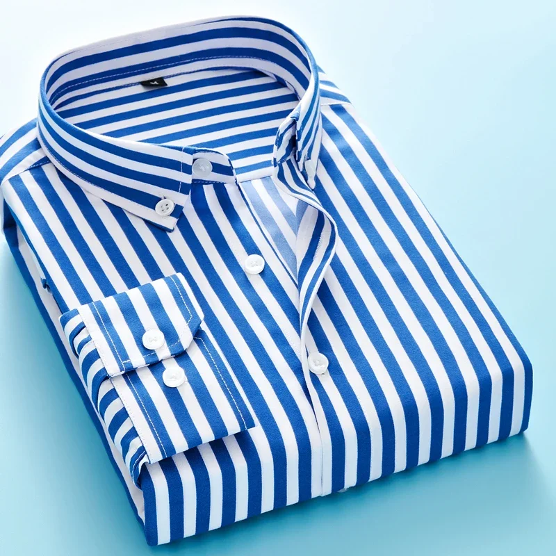 High-Quality Men's Blue and White Stripe Shirt: Standard-Fit Button Down with Turn-Down Collar for Casual and Business Wear