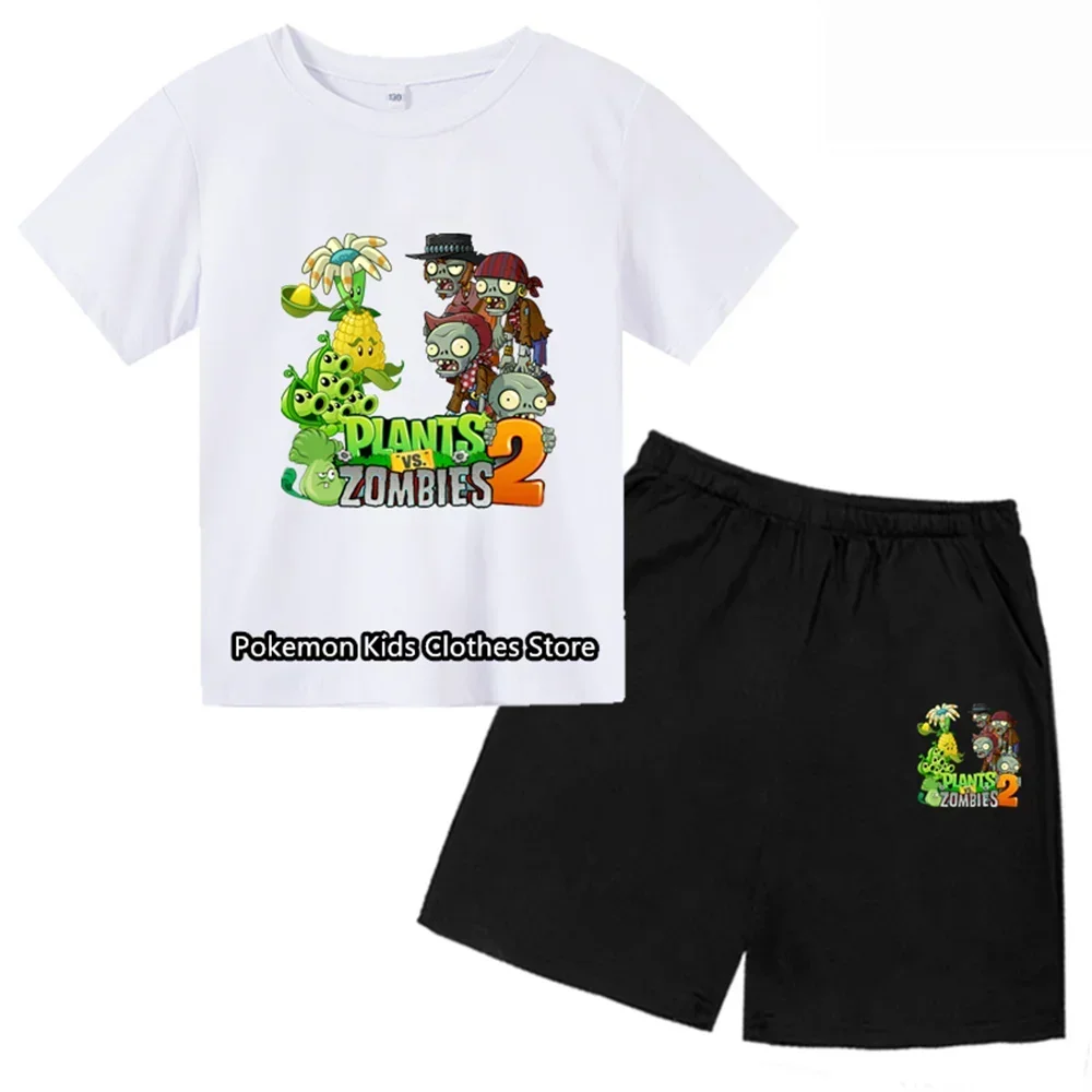 2024 Plants Zombies Tshirt Set Kids T-shirt Clothes Harajuku Boy Girls Tshirt Hip Hop Tees All Match Trendy Street Style