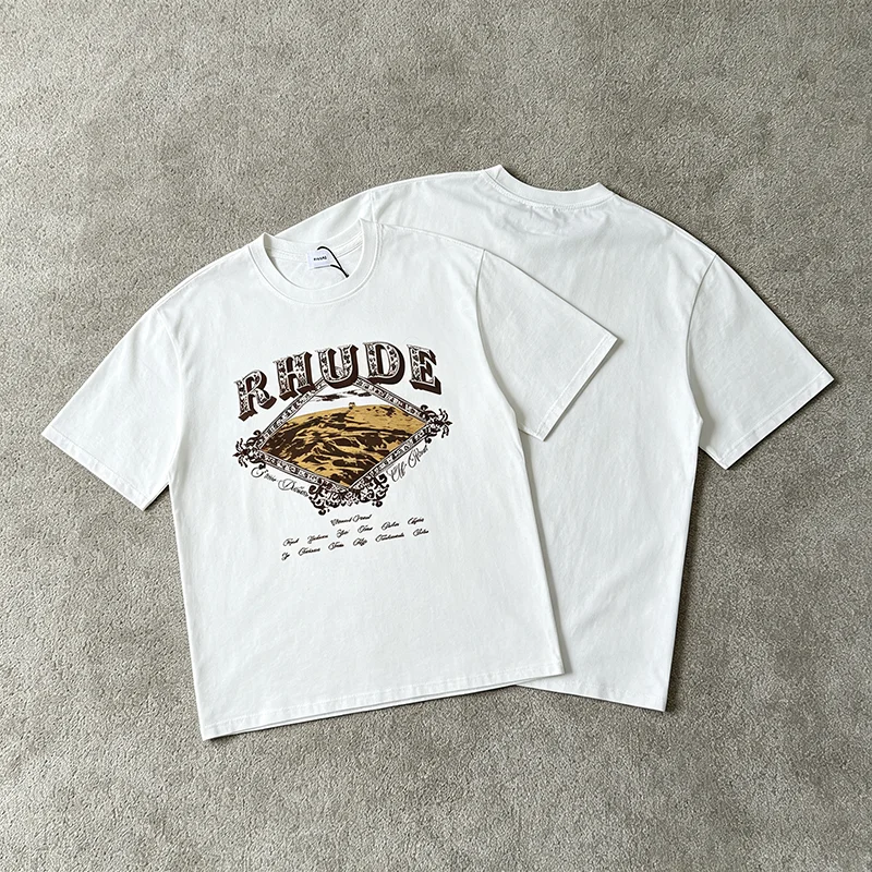 2026 New RHUDE Men Coast Scenery Graphic T Shirt Diamond Floral Letter Black Short Sleeve Street Top