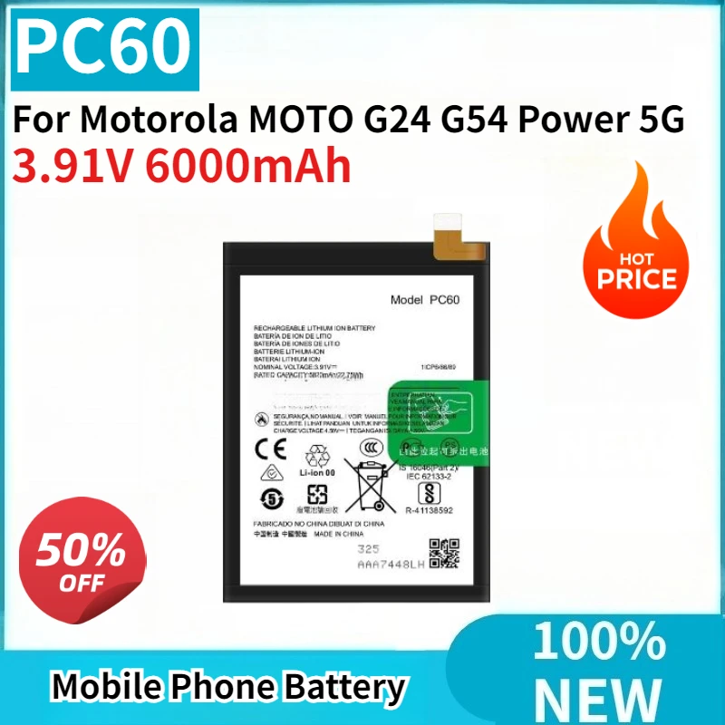 

High Capacity Brand New PC60 3.91V 6000mAh Mobile Phone Battery for Motorola MOTO G24 G54 Power 5G
