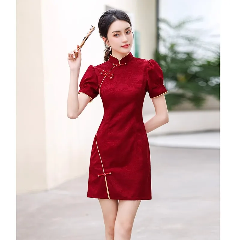 New Chinese Style Women Wine Red Cheongsam Summer Short Sleeve Elegant Vintage Short Dress Gentle Qipao Wedding Full Dress