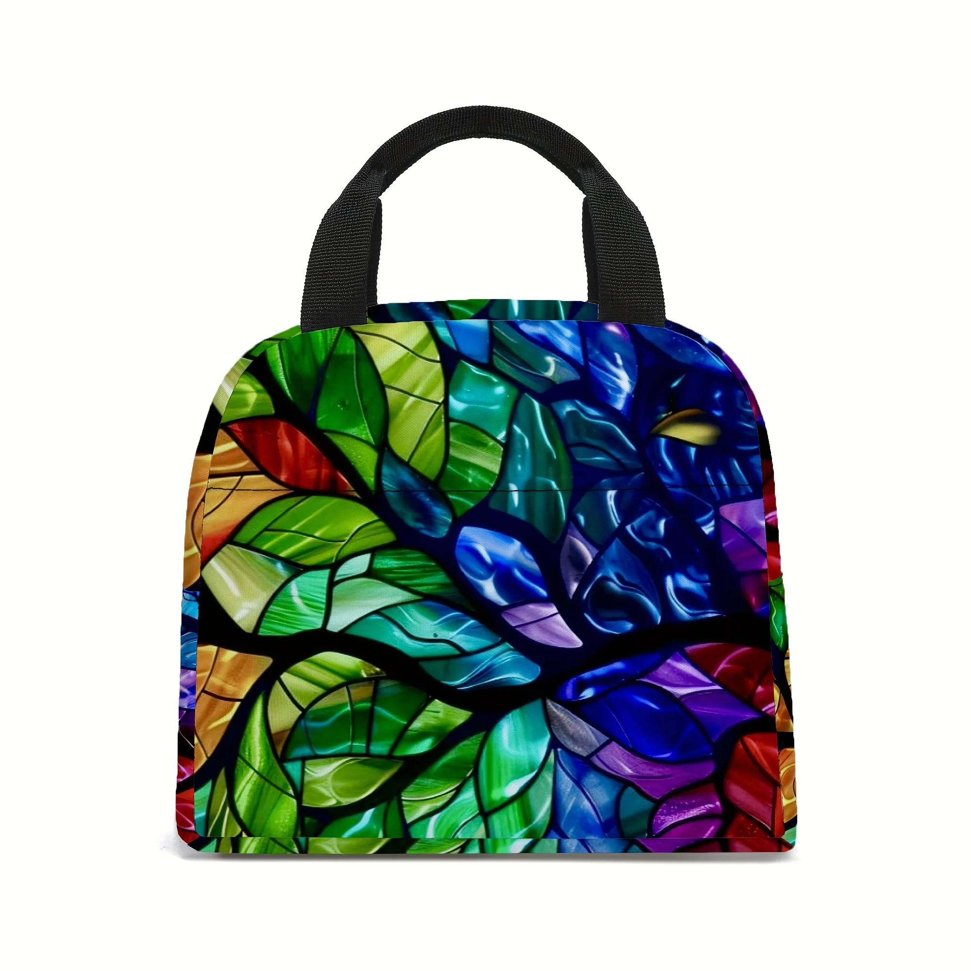 Colorful Stained Glass Style Leaves Print Lunch Bag Insulated Reusable Thermal Tote Portable Cooler Bag for Work School Picnic