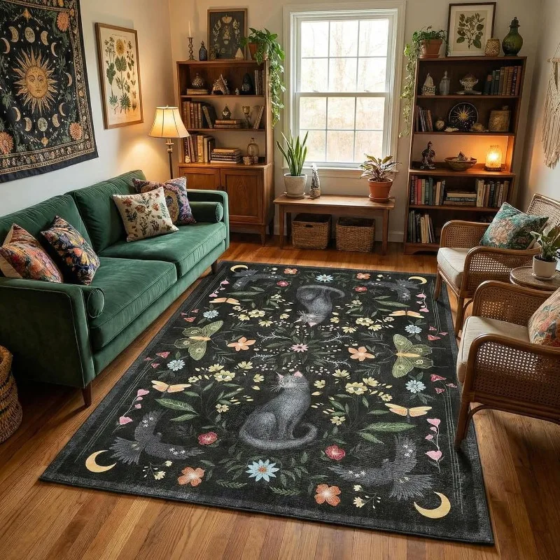 

Retro Animal Flower Print Carpet for Living Room Home Sofa Coffee Table Non-slip Floor Mat Foldable Machine Washable Bedroom Rug