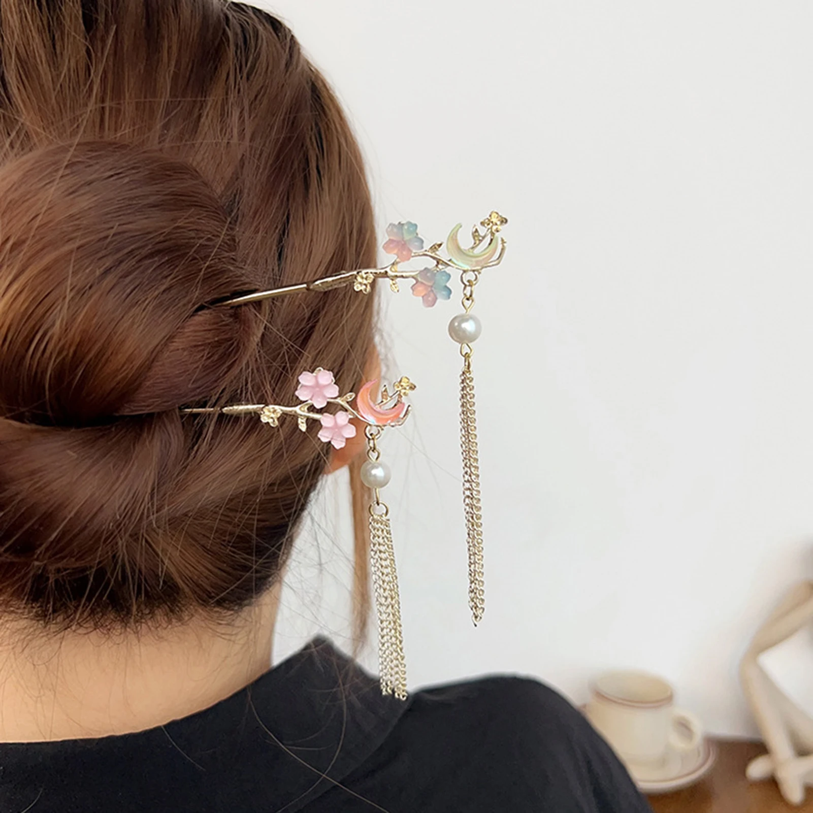 태슬 헤어핀 여성용 크리스탈 헤어 클립 꽃 모양 디자인 스텝 쉐이크 한푸 헤어 스틱 태슬 헤드웨어 헤어핀 장신구