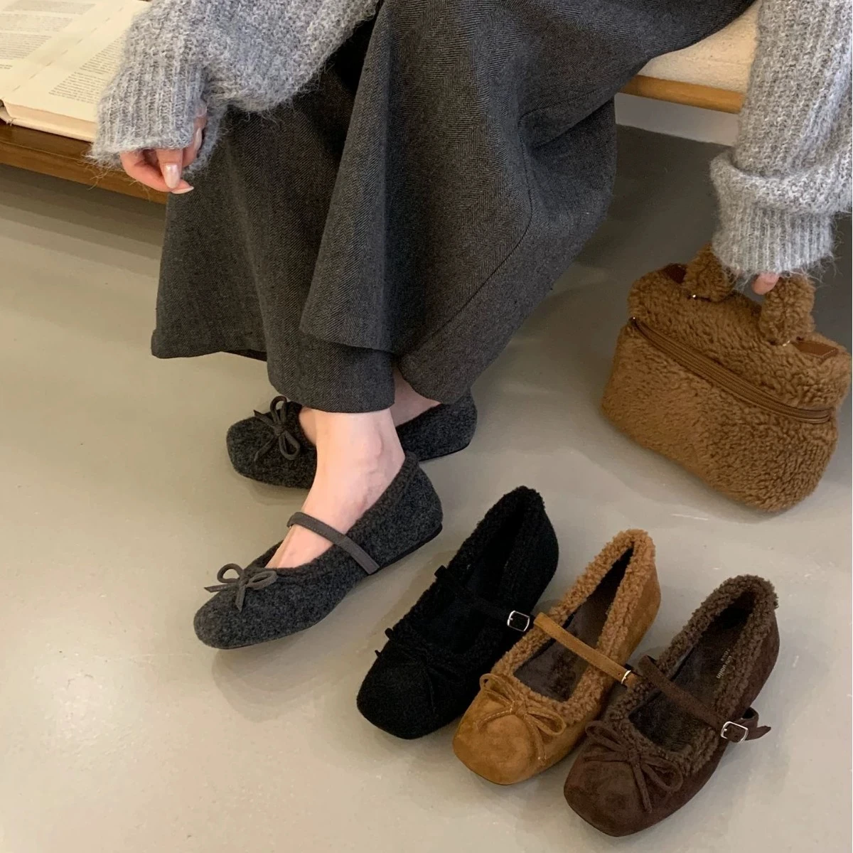 

Autumn Woolen Fabric Women Flats Shoes Fashion Mary Jane Shoes Ladies Comfort Outdoor Warm Cotton Fur Winter Shoes