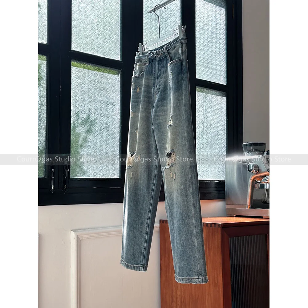 

Women's American vintage niche do old belt design straight hole loose jeans