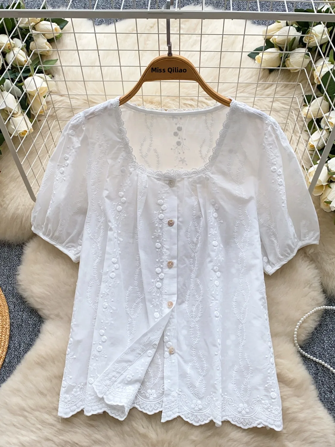 Casual Embroidered Bubble Sve irt Women's Summer Faion Age-Defng Square Collar Single Button Loose Fit Commute Sle