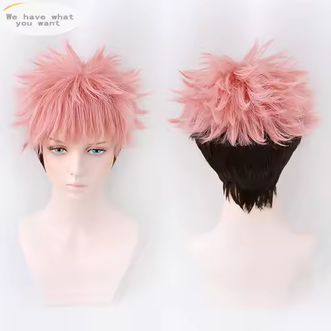 Ryomen Sukuna Cosplay Wig Anime Yuji Itadori Short Pink Black Heat Resistant Synthetic Hair Halloween Role Play Wigs + Wig Cap
