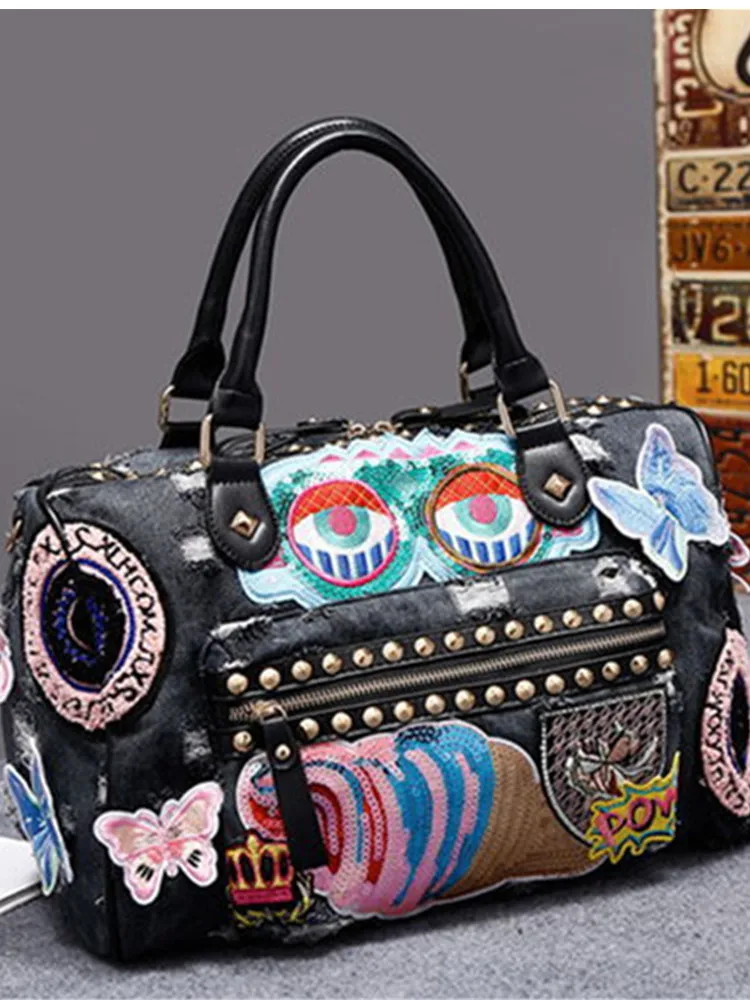 Koreańska wersja nit haftowany motocyklowy kowbojski trend damski torba ręczna jedno ramię crossbody moda nowy trend — zdjęcie 2
