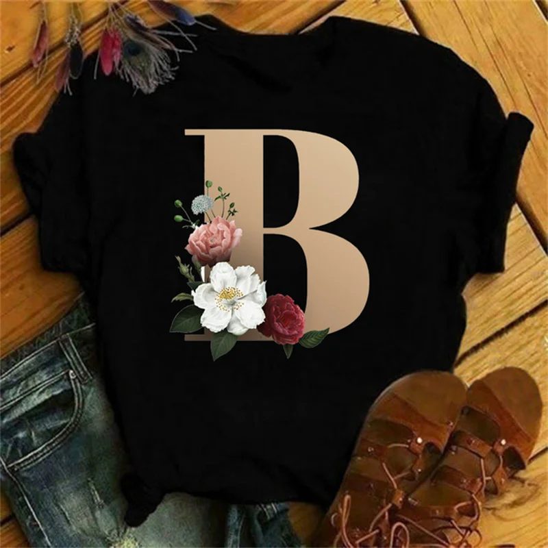 Maycaur New Custom Name Letter Combination Women T-shirt Flower Letter Font A B C D E F G Short Sleeve Clothes Woman Tees Tops