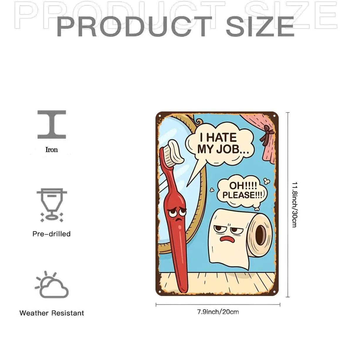 2D Flat, 1pc, Retro Vintage Toothbrush And Toilet Paper Humorous Art Print Metal Tin Sign, with Pre-Drilled Holes, Ideal for Ind