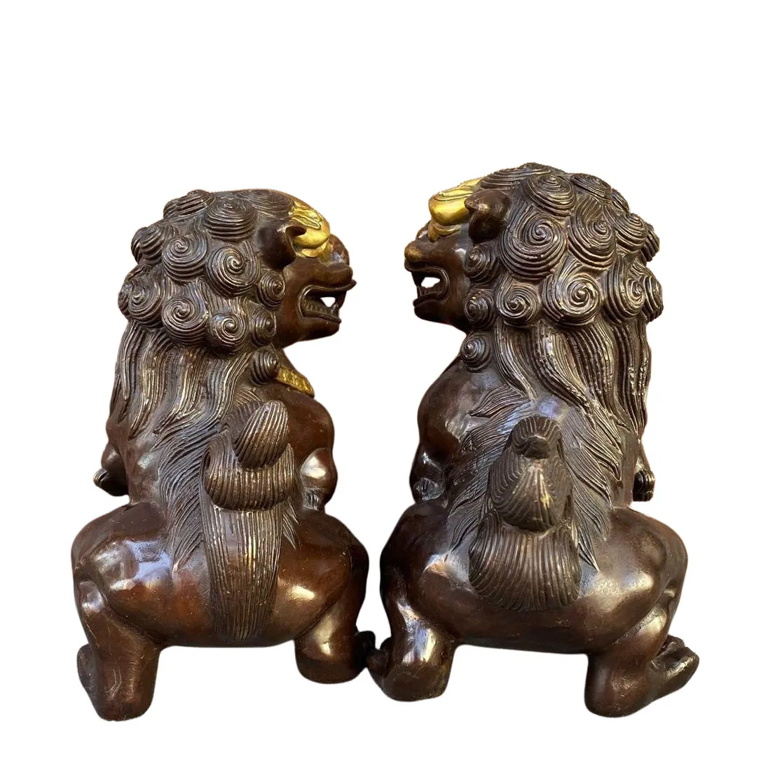 Large Pair Bronze China Lion Foo Dog Statue Figure Sculpture blessing treasures