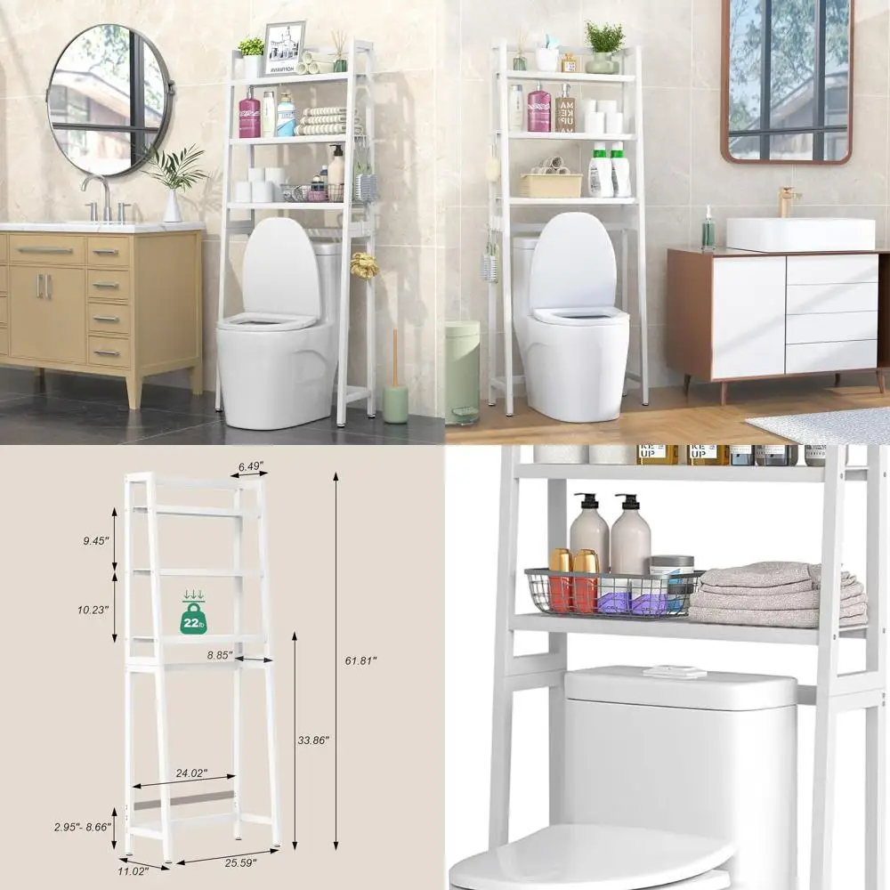 

Over The Toilet Storage,Bamboo 3-Tier Bathroom Organizer Over Toilet Storage Cabinet,Freestanding Space Saver with 3 Hooks White