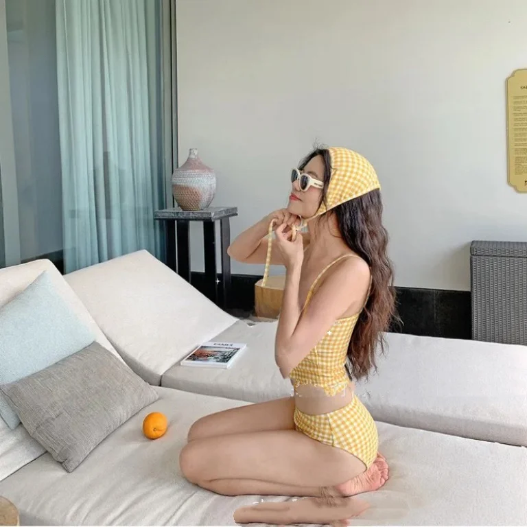 MiYA Women's Bikini Swimsuit Yellow Plaid Vintage Sle Beach Thermal Vaion Cover up Slimming Design Sport Fitn Fan Gear