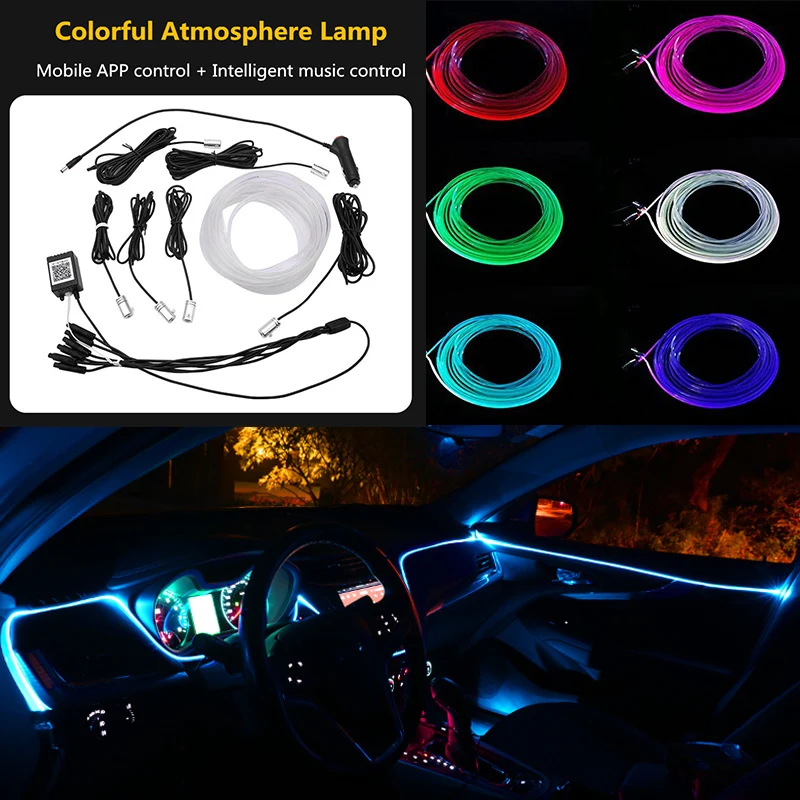 2019 New EL Neon Wire Strip Light RGB LED Sound Active Car Interior Light Multicolor Phone Control Car Atmosphere Light 12V