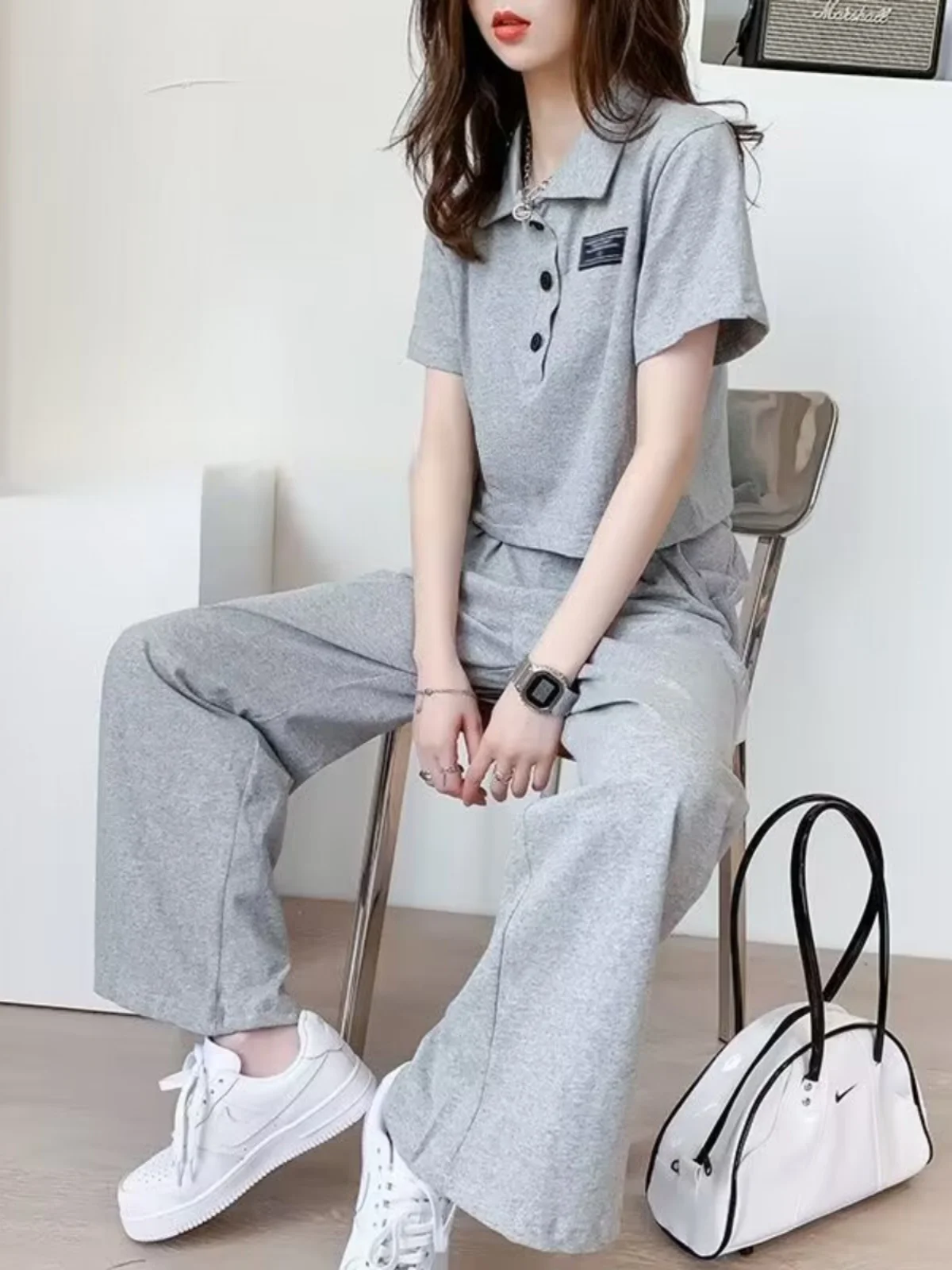 

Slimming Short Sportswear Set for Women Summer New Korean Style Casual Wide Leg Pants Two Piece Set Cotton Material