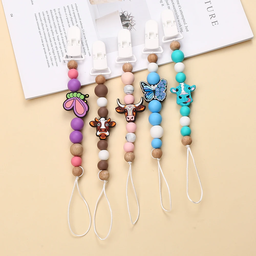 Fashion Baby Pacifier Clip Wooden Dummy Nipple Holder Clip Chain Silicone Bull Cute butterfly Animal Infant Teether Toy Bracelet