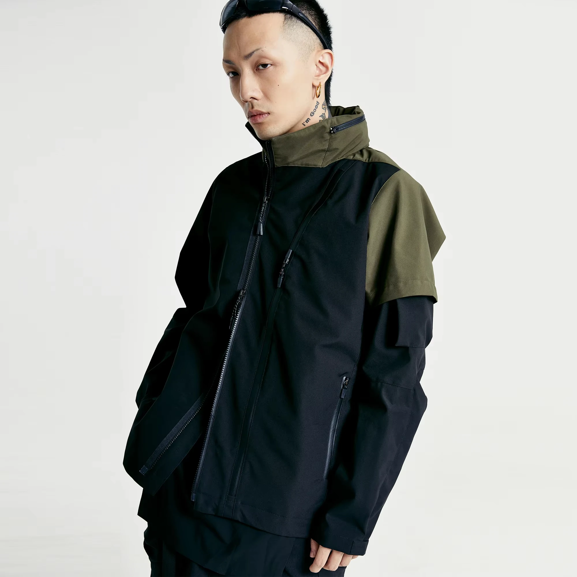 Nosucism 20aw storm jacket windproof water repellent techwear darkwear ninjawear streetwear aesthetic army green Patchwork black