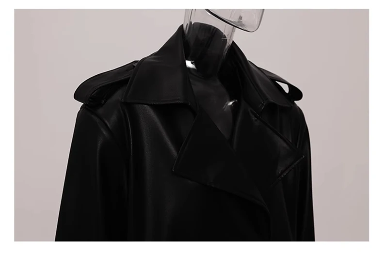 Lautaro Spring Autumn Extra Long Black Soft Pu Leather Trench Coat for Women Double Breasted Loose Casual Korean Fashion 2024