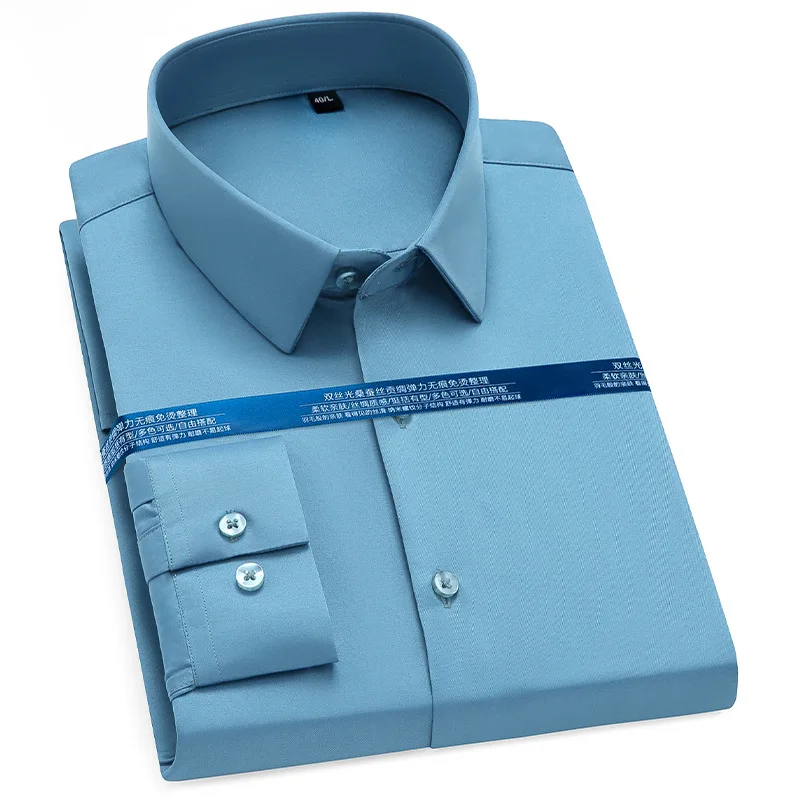 Camisa de manga larga elástica para hombre, camisa informal de negocios de Color sólido, ajustada, Tops de manga larga, ropa Formal con botones, 5XL