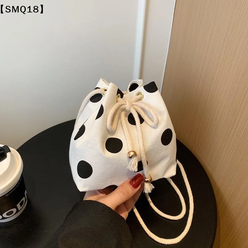 Polka Dot Nylon Drawstring Crossbody Bag Soft Texture Adjustable Strap For Daily Shopping Casual Outings Short Trips【SMQ】
