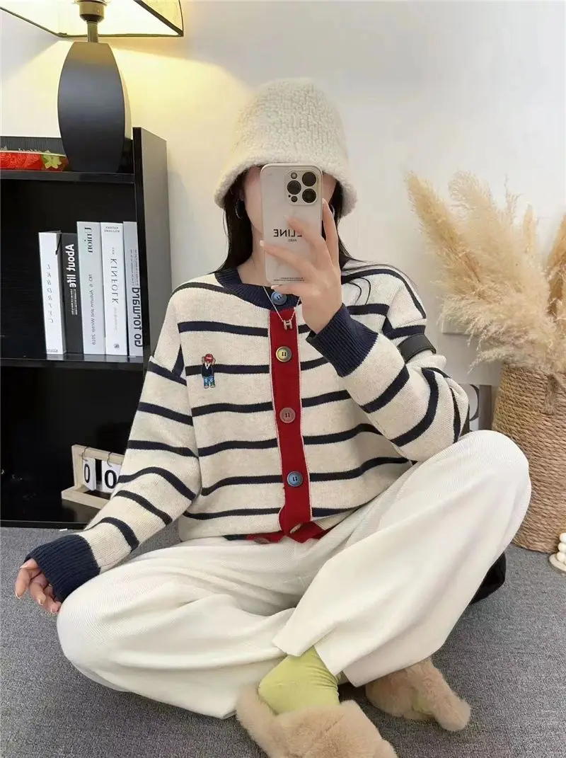 Spring and Autumn New Striped Sweater College Casual Knitted Cardigan Coat Versatile Female