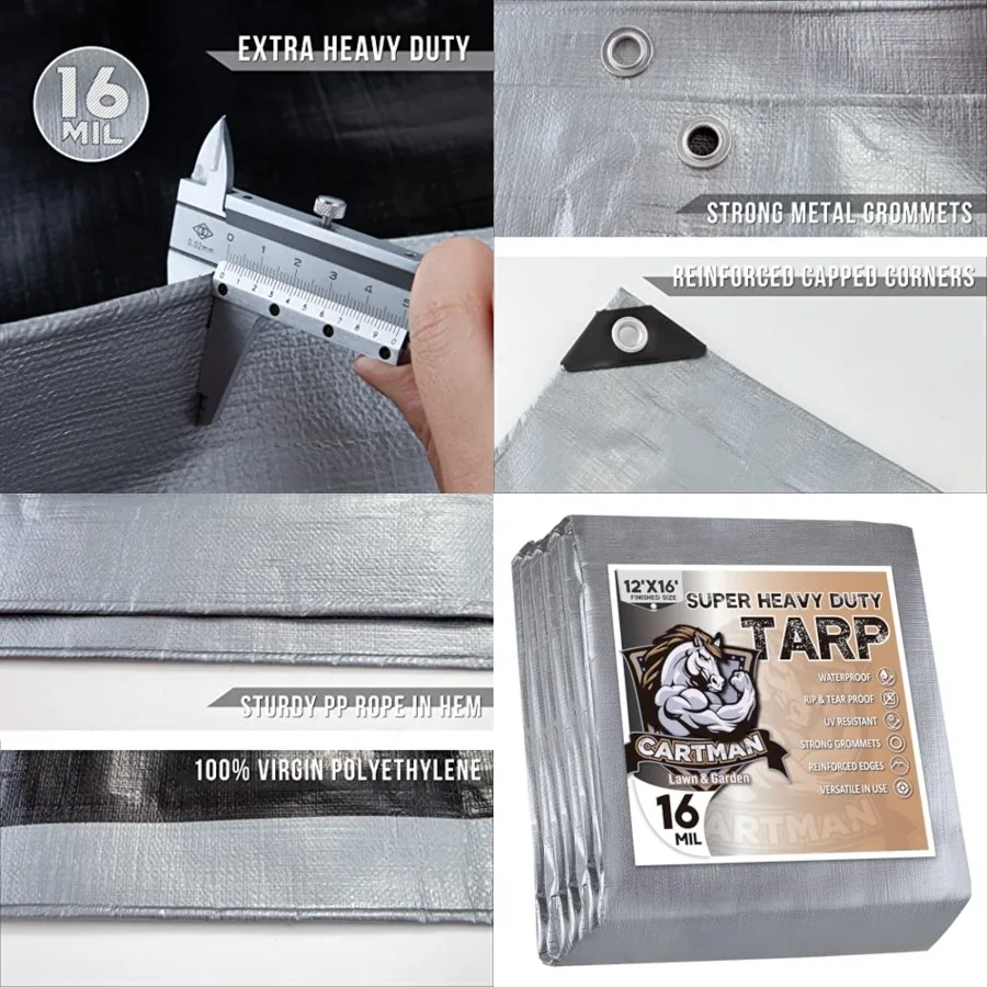 

Finished Size 12x16 Feet Extra Thick 16 Mil Ultra Heavy Duty Poly Tarp, Multipurpose Protective Cover, UV Resistant, Waterproof