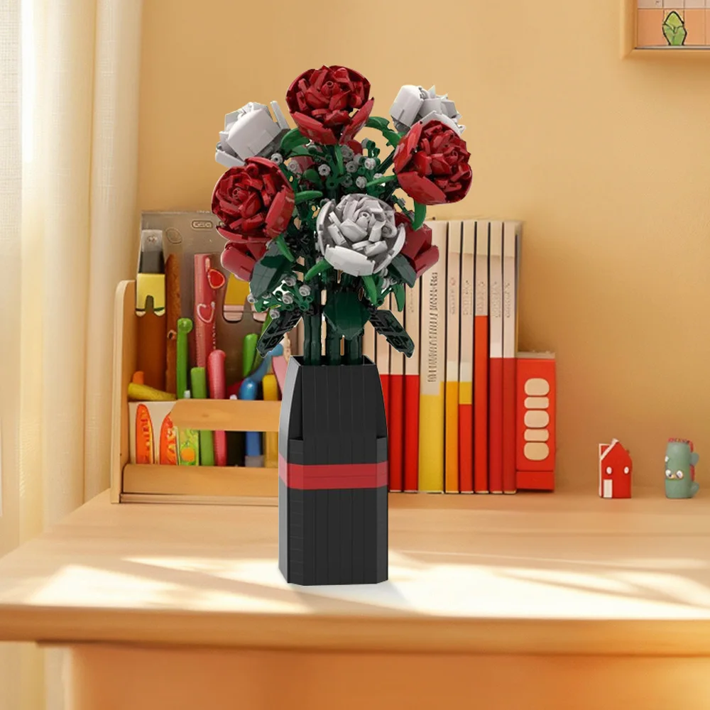 MOC Red & White Roses Vase Building Blocks Model Roses Flower Home Decoration DIY Bricks Assemble Toys Girls Birthday Gifts