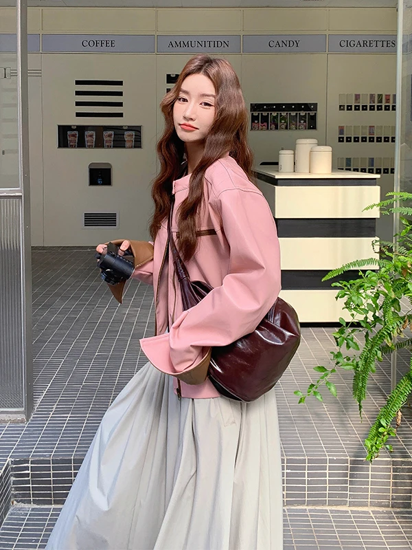 

Unique ort Pink Collar Leather Jaet Women's Spring Autumn 2025 New Sle Color Blo Colion Cute Leather Coat