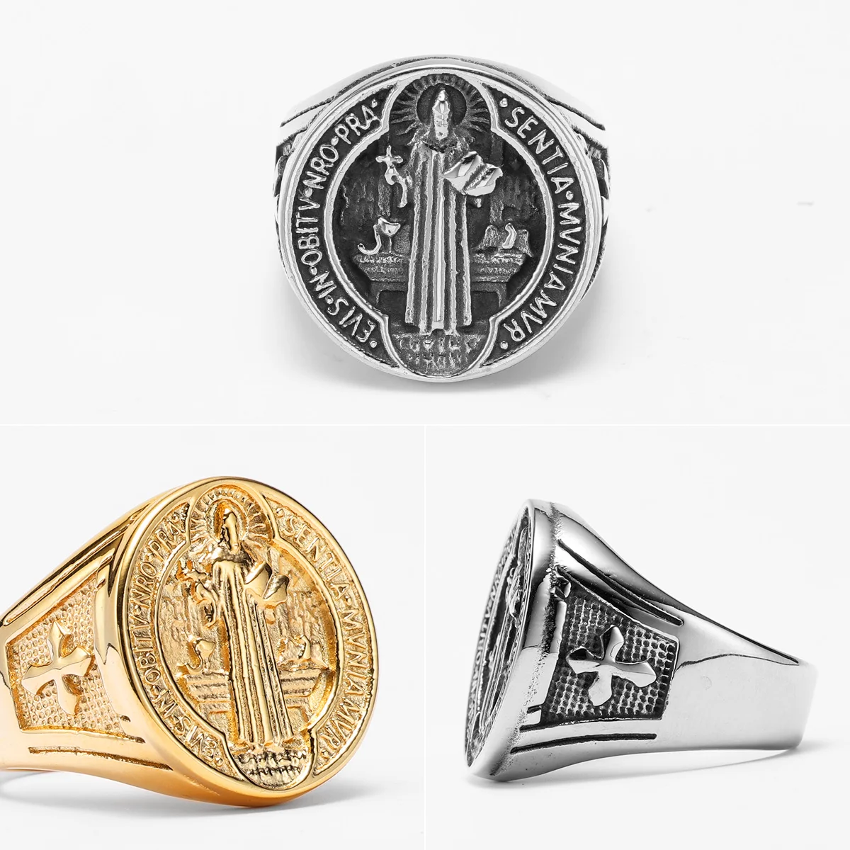 St. Michael St.Benedict exorcisme talismans puissants en acier inoxydable hommes anneaux Punk nouveau pour hommes femmes mode bijoux cadeau