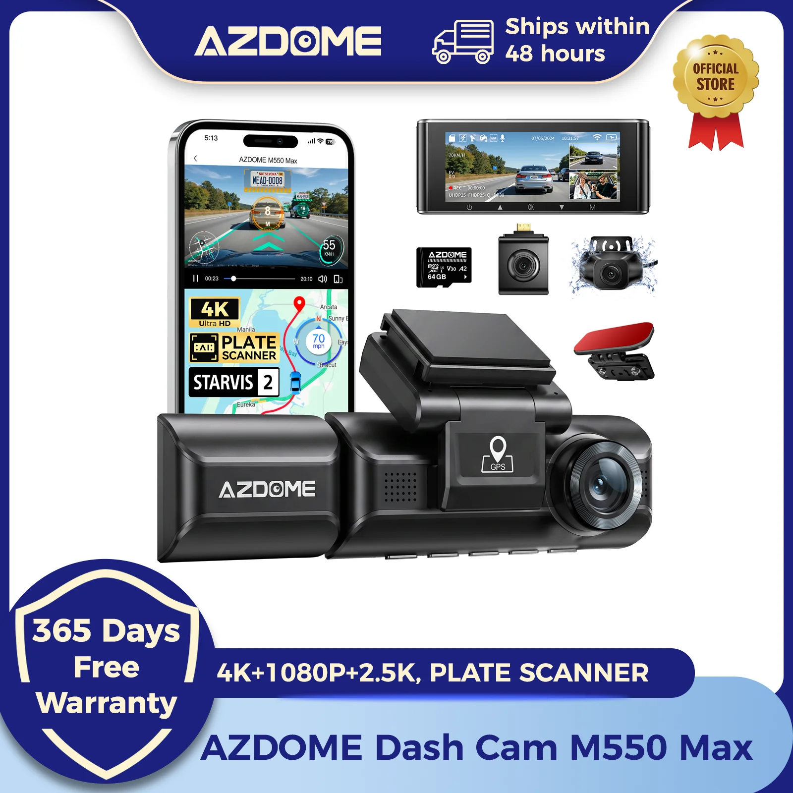 AZDOME M550 Max Dash Cam 3-Channel Front 4K + Rear 2.5K + Interior 1080P Supercapacitor Night Vision Car DVR GPS Wi-Fi 24H Parki