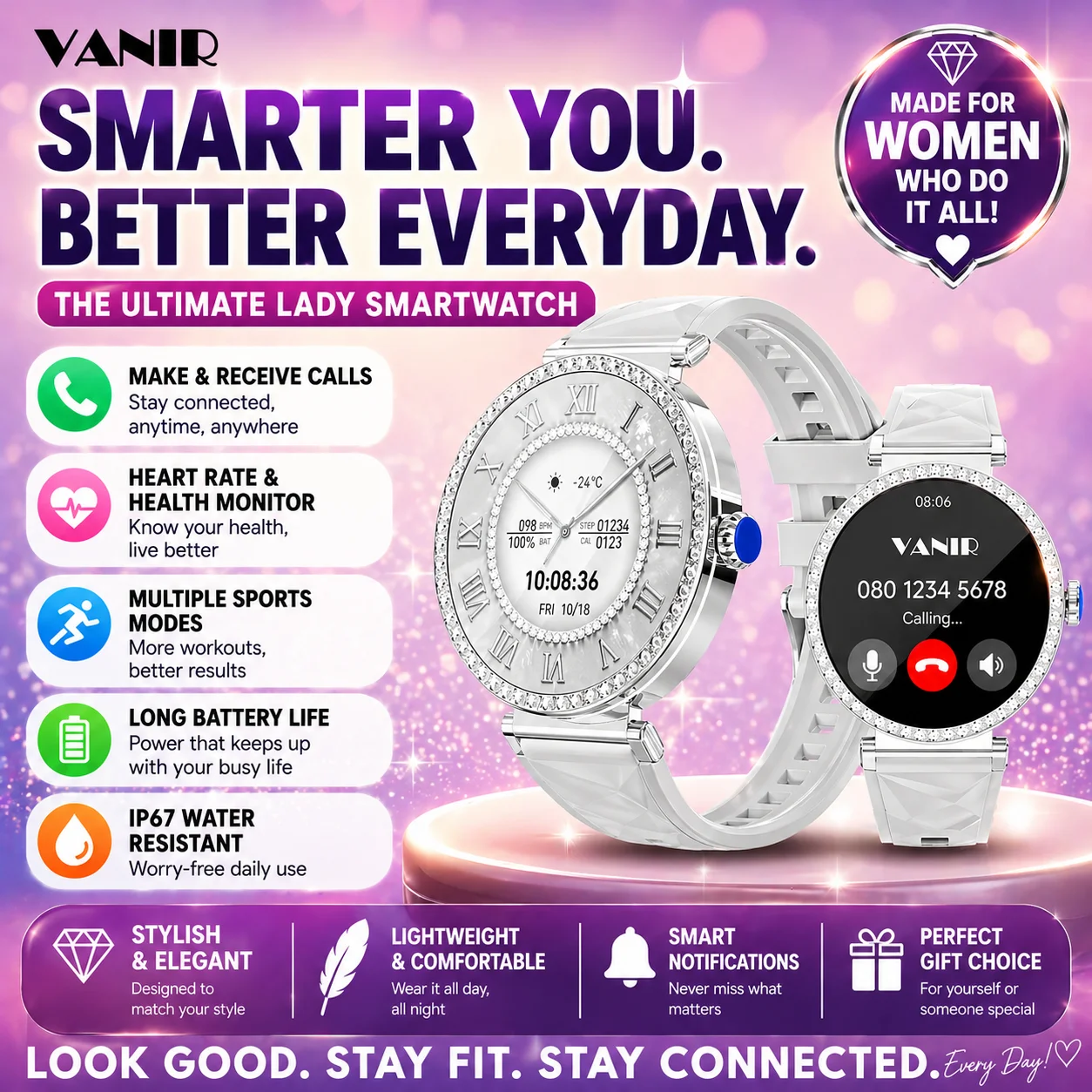 

VANIR Smart Watch Men & Women, Bluetooth Calling, HD Touchscreen, Fitness Tracker, Notifications, Long Battery, Sport Watch