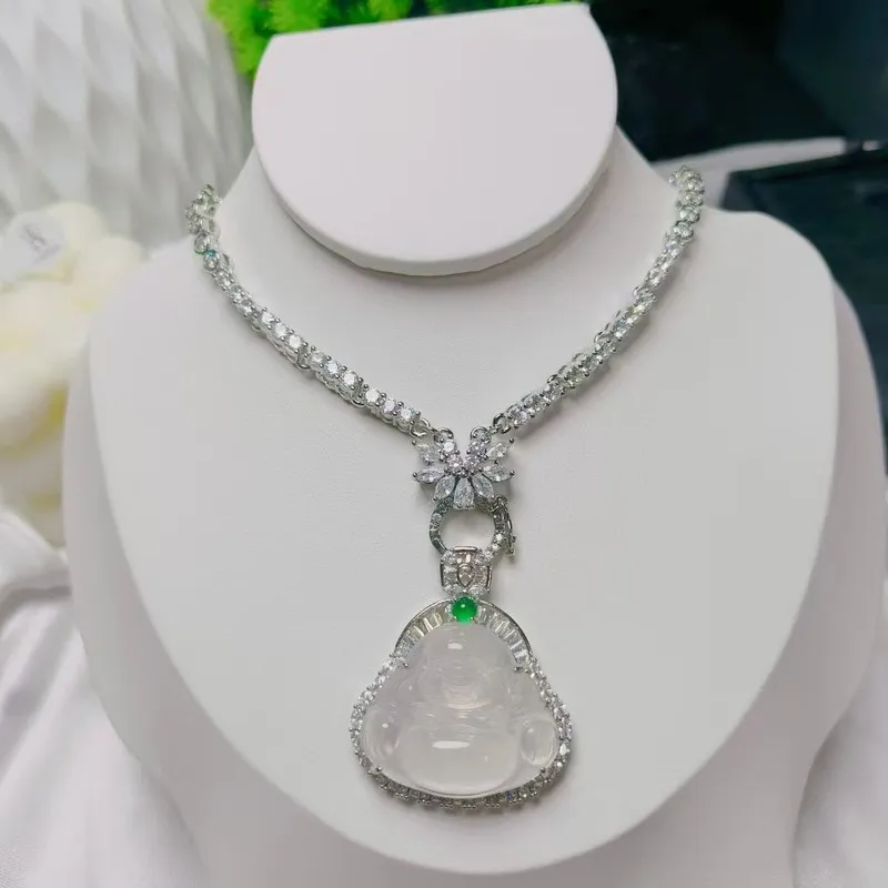 New Chinese-style ice white chalcedony Buddha pendant, popular silver-plated snowflake Buddha inlay, comparable to jadeite penda