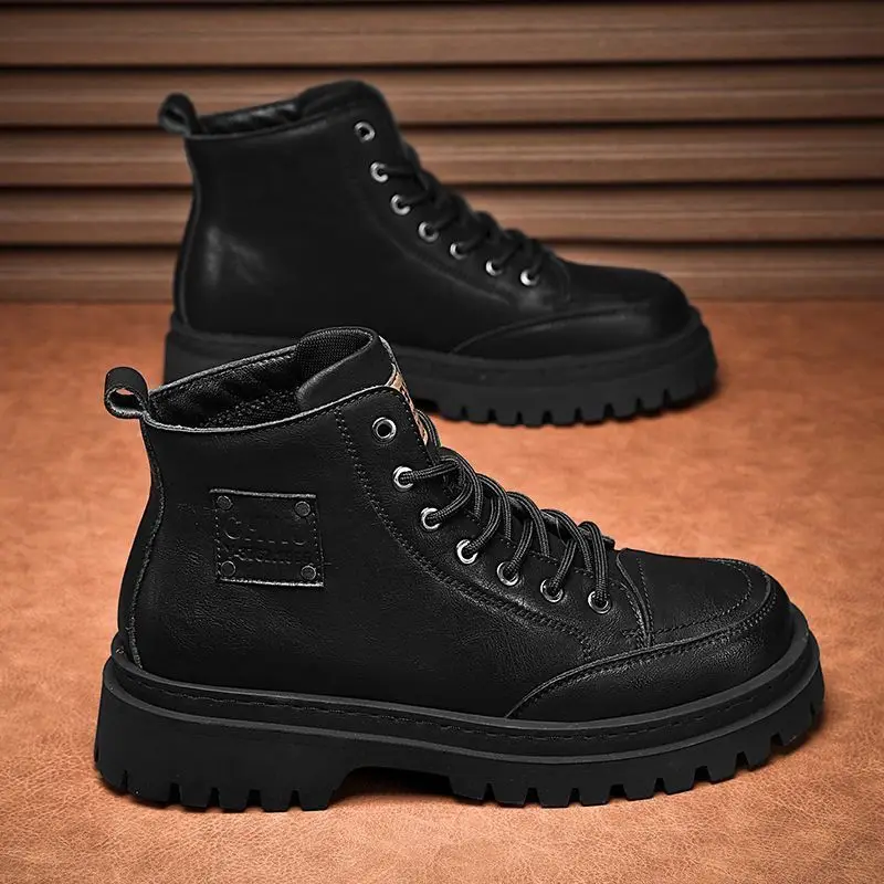 

Spring 2025 Men's Boots Genuine Leather High Tops Thick Bottom Casual Shoes Waterproof Rubber Sole round Toe Zipper Cl...