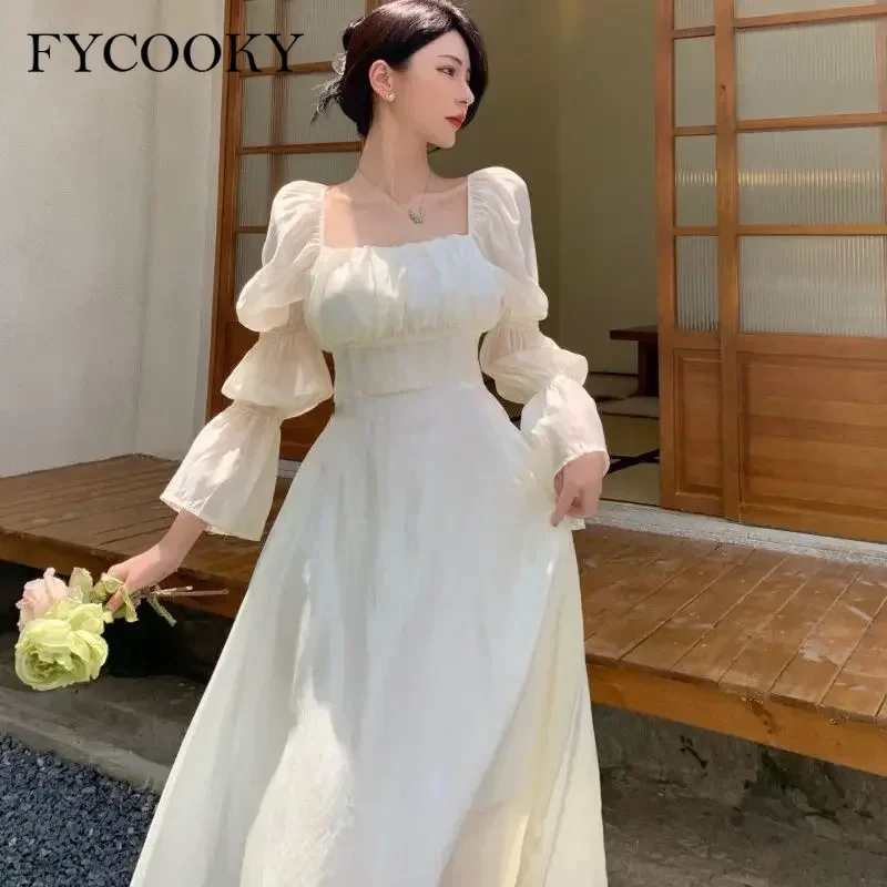 스위트 백 퍼프 슬리브 드레스 여성 가을 ​​2025 새로운 핑크 붕대 드레스 패션 우아한 쉬폰 롱 드레스 여성