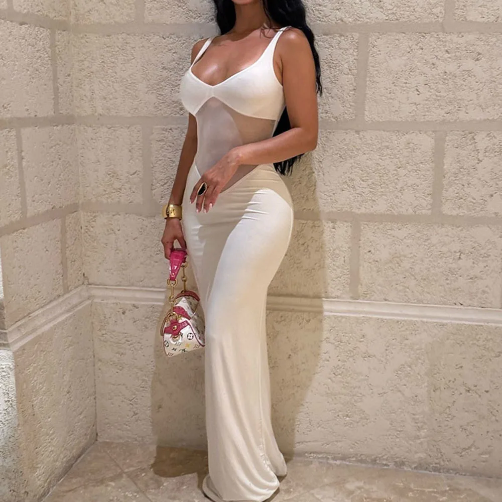 유럽 및 미국 여성 패션 신상품: 매혹적인 패치워크 메쉬 드레스 솔리드 컬러 V넥 롱라인 시스루 스커트