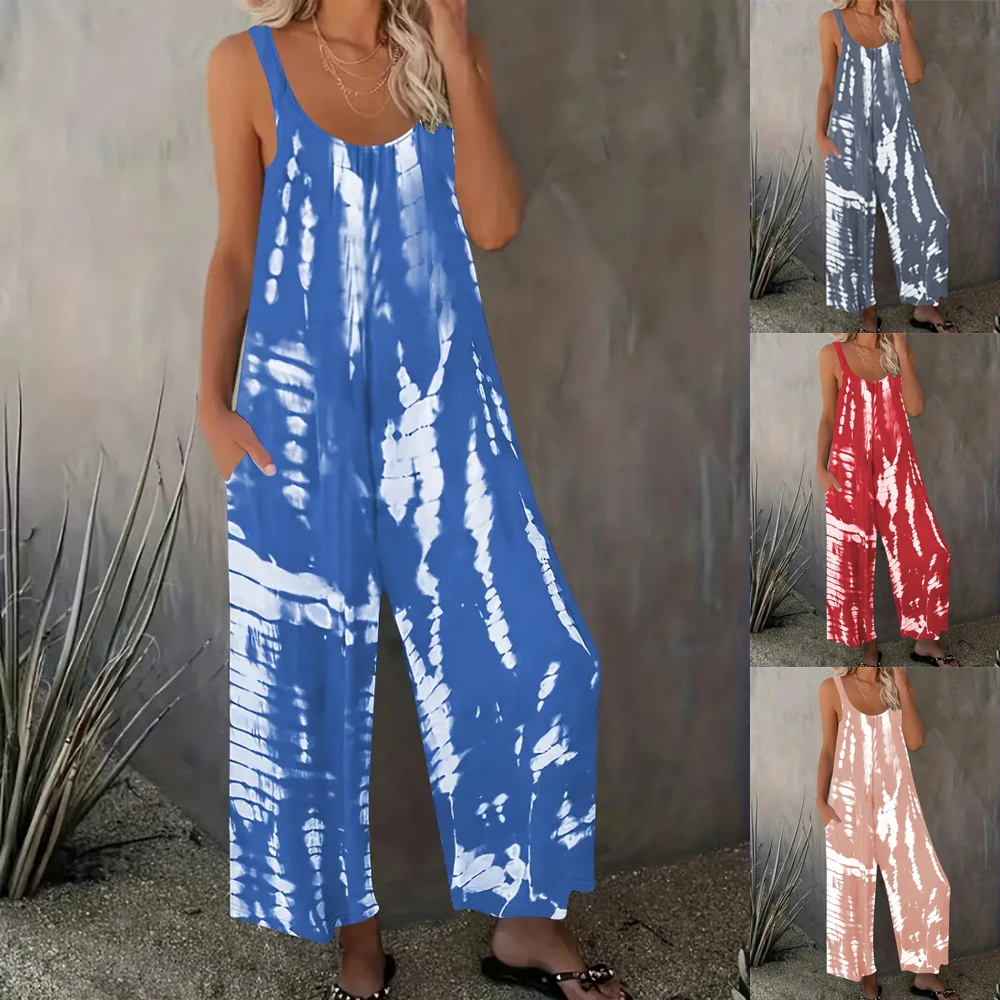 

Plus Size Tie Dye Vest Wide Leg Long Pant Summer Casual Pocket O Neck Sleeveless Jumpsuit Oversized Loose Women's Clothing